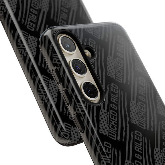 Rugged black protective phone case with "TOUGH CASES" text pattern by Printify, showcasing durable design and texture.