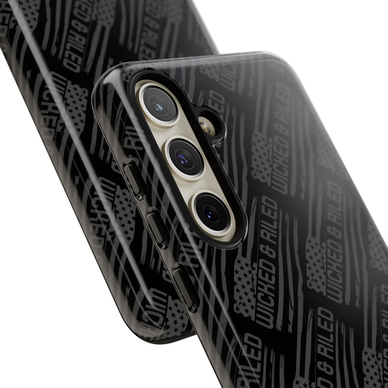 Rugged black protective phone case with "TOUGH CASES" text pattern by Printify, showcasing durable design and texture.
