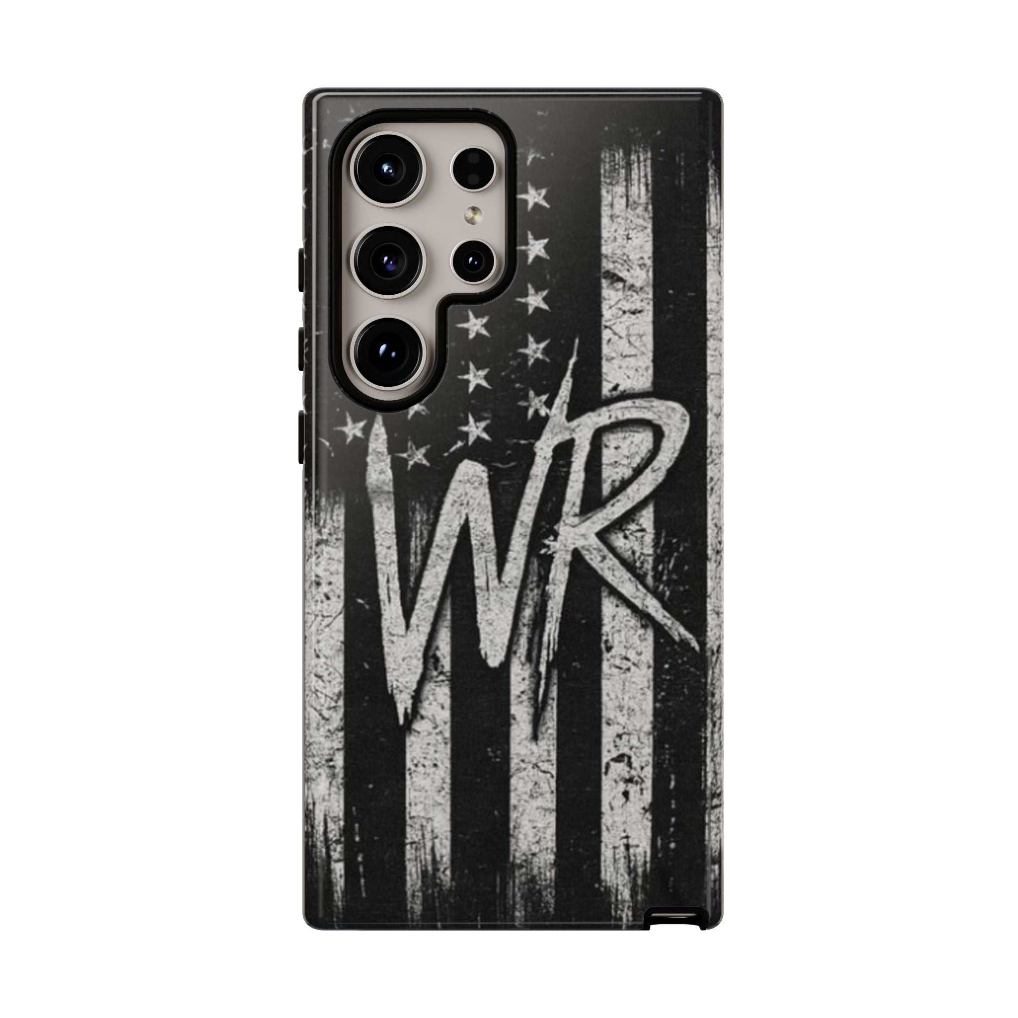 Distressed American flag design on a Patriotic Monogram Tough Phone Case with WR by Printify.