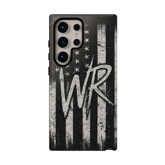 Distressed American flag design on a Patriotic Monogram Tough Phone Case with WR by Printify.