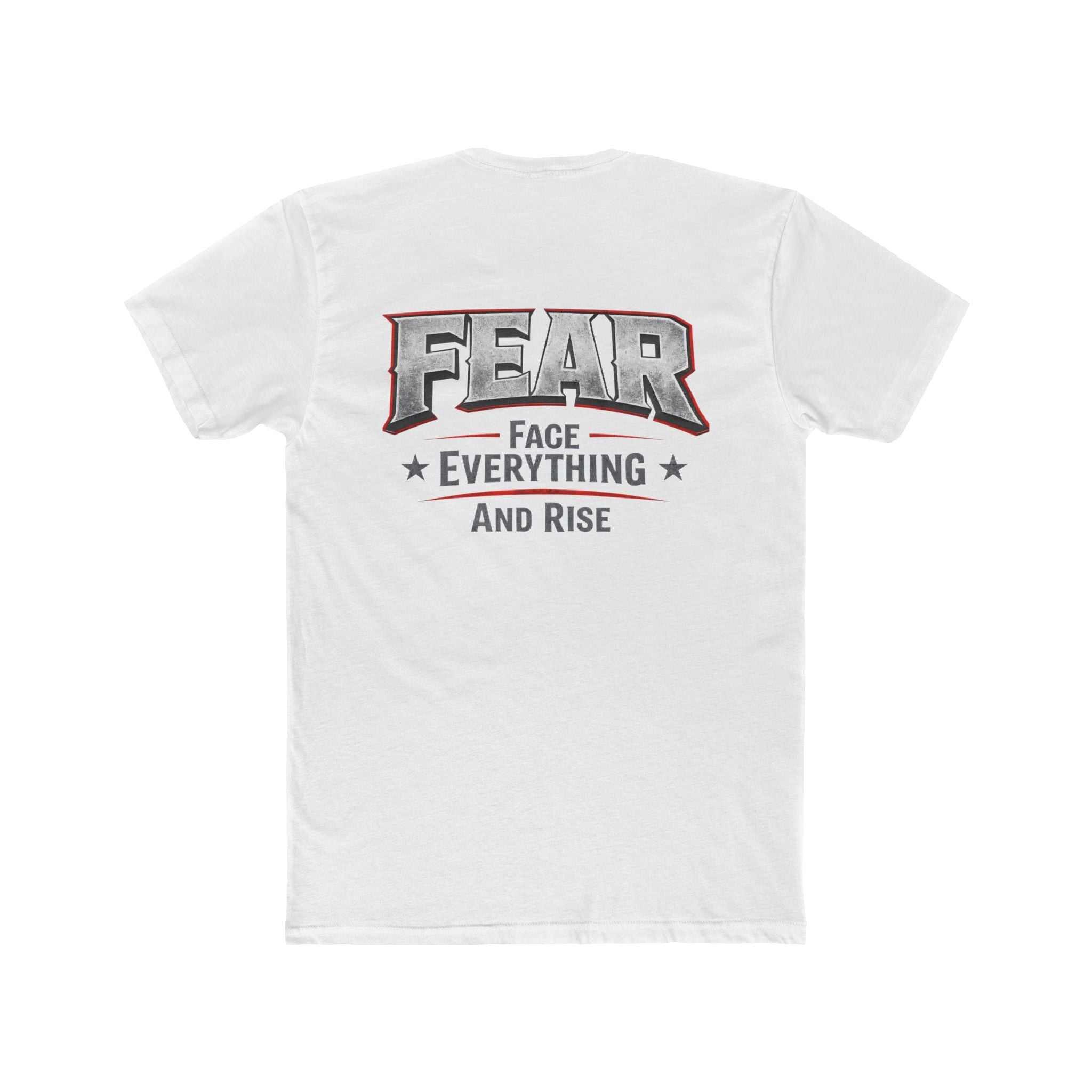 White crew t-shirt featuring "FEAR Face Everything And Rise" graphic by Printify, displayed on a plain background.