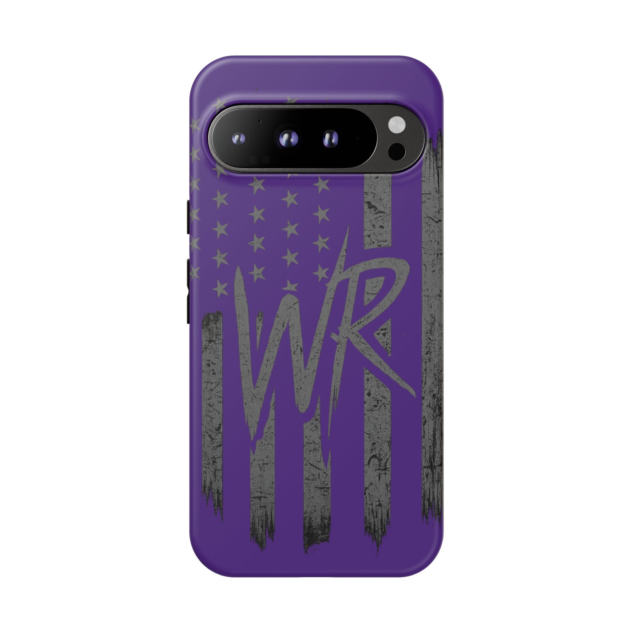 Purple 'WR' flag tough phone case by Printify, showcasing a durable design and vibrant colors on a sleek phone case.