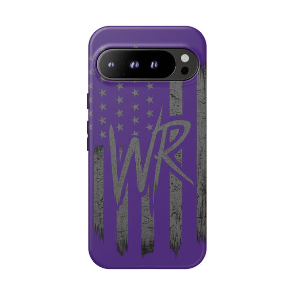 Purple 'WR' flag tough phone case by Printify, showcasing a durable design and vibrant colors on a sleek phone case.