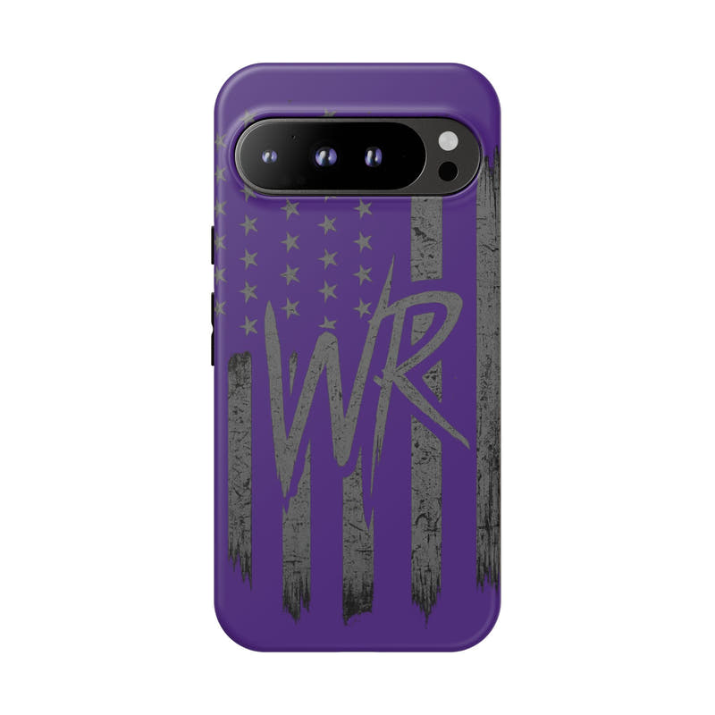 Purple 'WR' flag tough phone case by Printify, showcasing a durable design and vibrant colors on a sleek phone case.