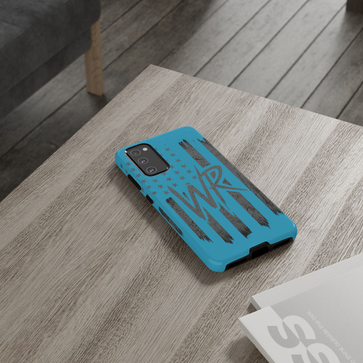 Patriotic blue 'WR' flag tough phone case by Printify, featuring a durable design with an American flag pattern.