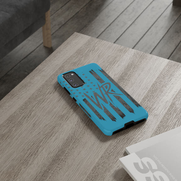 Patriotic blue 'WR' flag tough phone case by Printify, featuring a durable design with an American flag pattern.