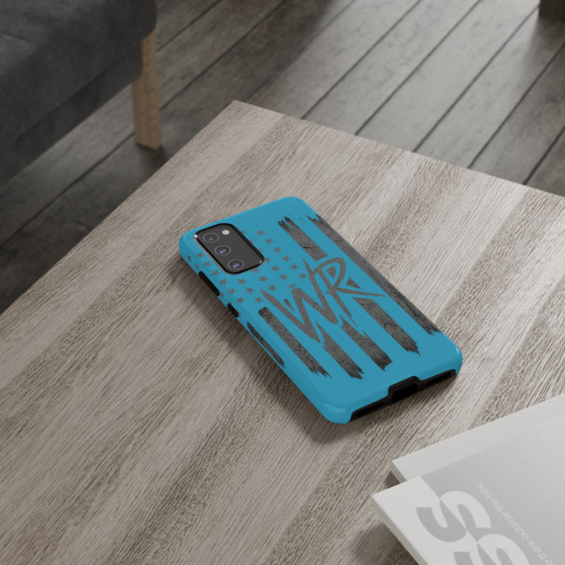 Patriotic blue 'WR' flag tough phone case by Printify, featuring a durable design with an American flag pattern.