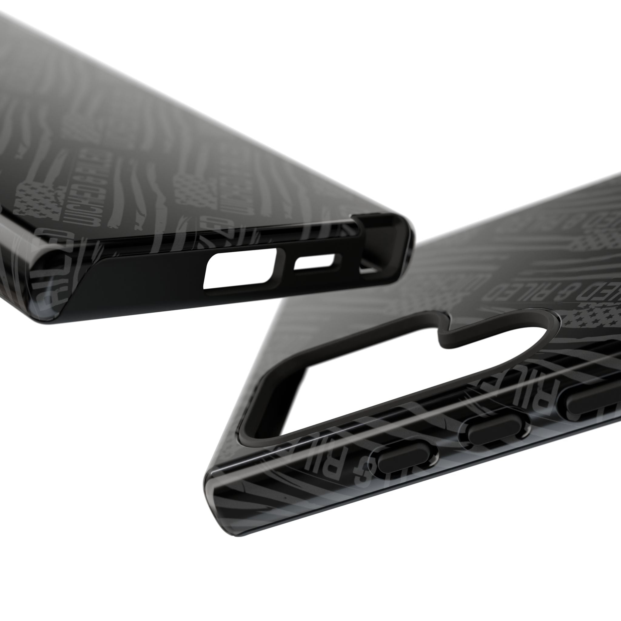 Rugged black protective phone case by Printify with a textured 'TOUGH CASES' pattern for enhanced grip and durability.