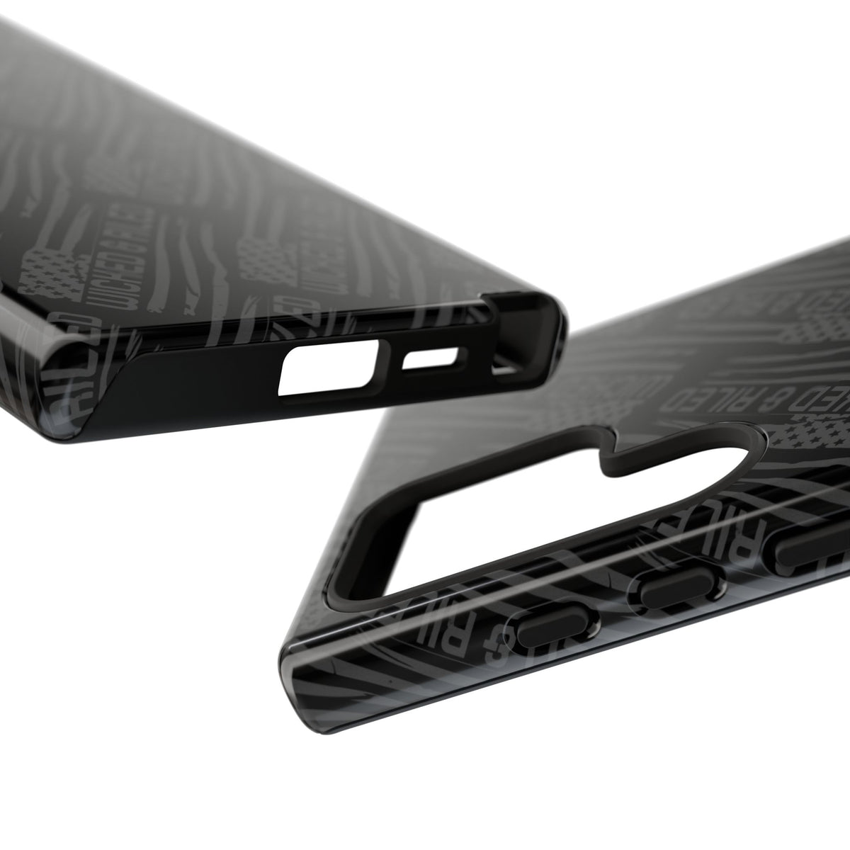 Rugged black protective phone case by Printify with a textured 'TOUGH CASES' pattern for enhanced grip and durability.