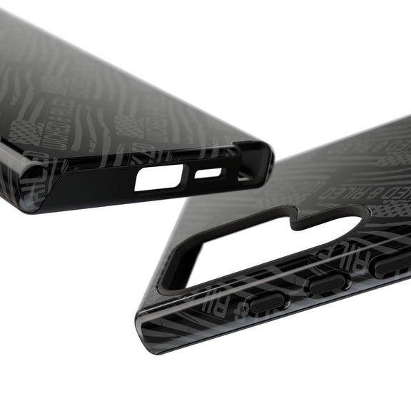 Rugged black protective phone case by Printify with a textured 'TOUGH CASES' pattern for enhanced grip and durability.