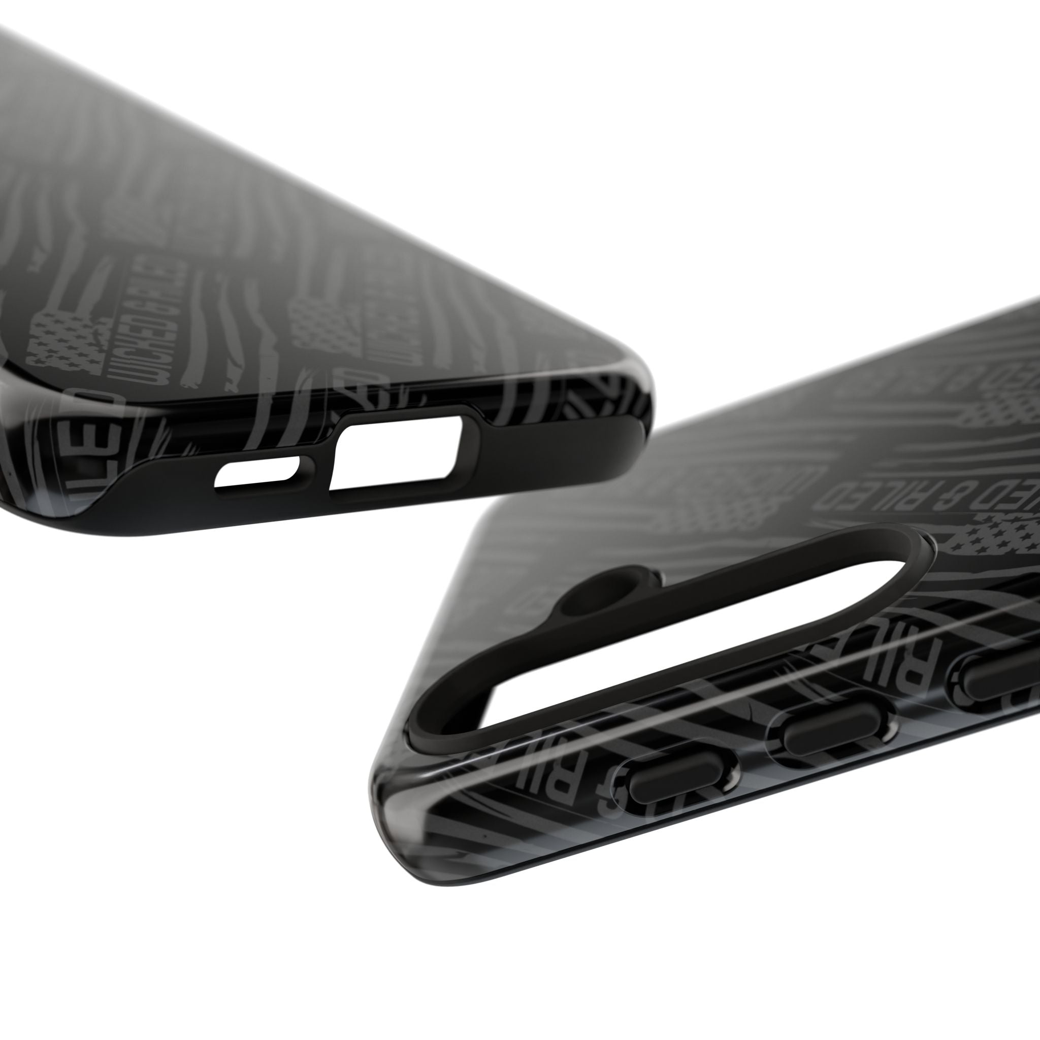 Rugged black protective phone case with "TOUGH CASES" text pattern by Printify, showcasing its durable design.