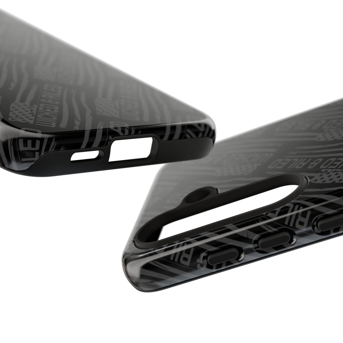 Rugged black protective phone case with "TOUGH CASES" text pattern by Printify, showcasing its durable design.