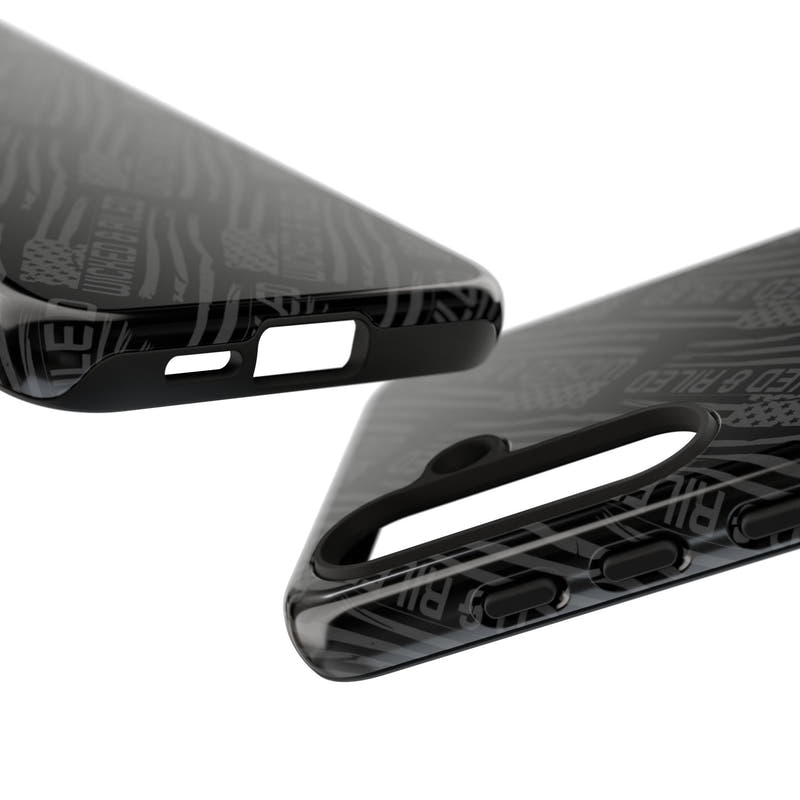 Rugged black protective phone case with "TOUGH CASES" text pattern by Printify, showcasing its durable design.
