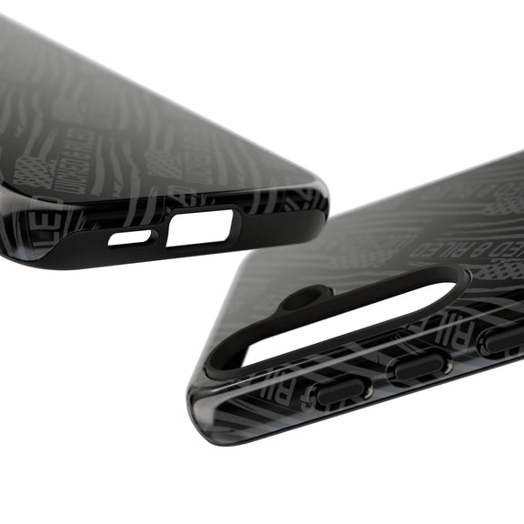 Rugged black protective phone case with "TOUGH CASES" text pattern by Printify, showcasing its durable design.