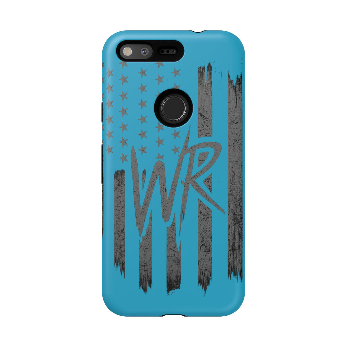 Blue 'WR' flag tough phone case by Printify with a durable design and patriotic theme, ideal for protecting your phone.