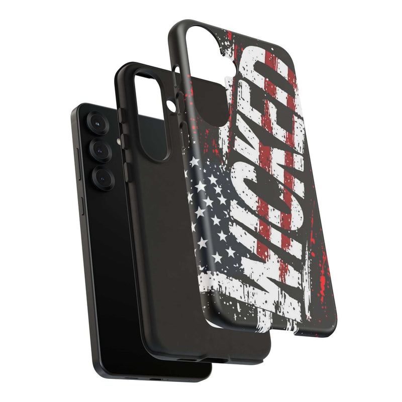 Distressed American flag phone case with "VETERAN" graphic, showcasing rugged patriotic design by Printify.
