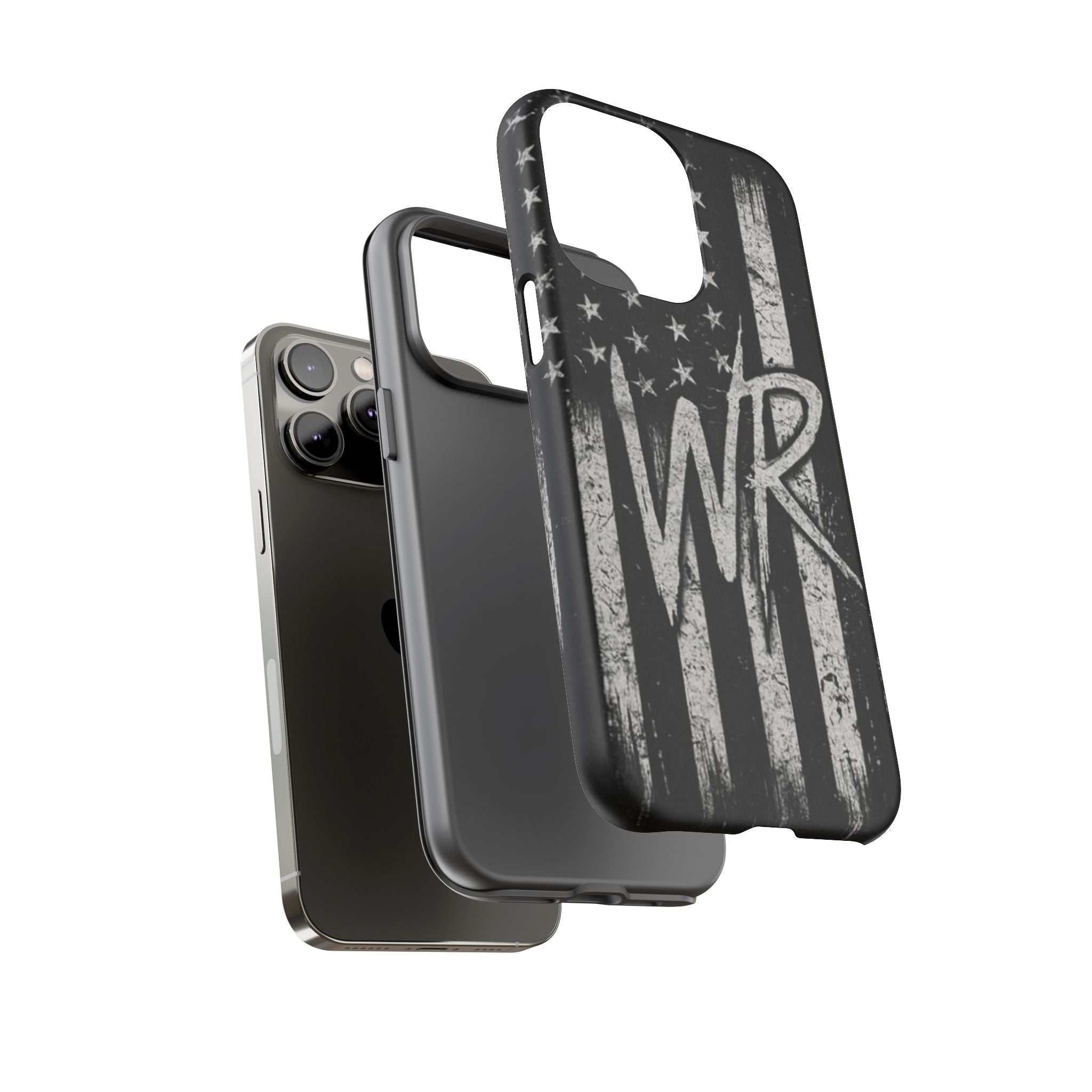 Distressed American flag tough phone case featuring WR monogram by Printify, showcasing durability and patriotic design.