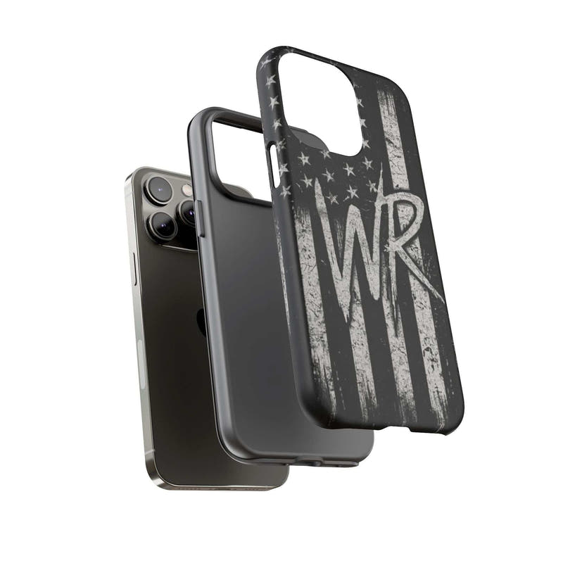 Distressed American flag tough phone case featuring WR monogram by Printify, showcasing durability and patriotic design.