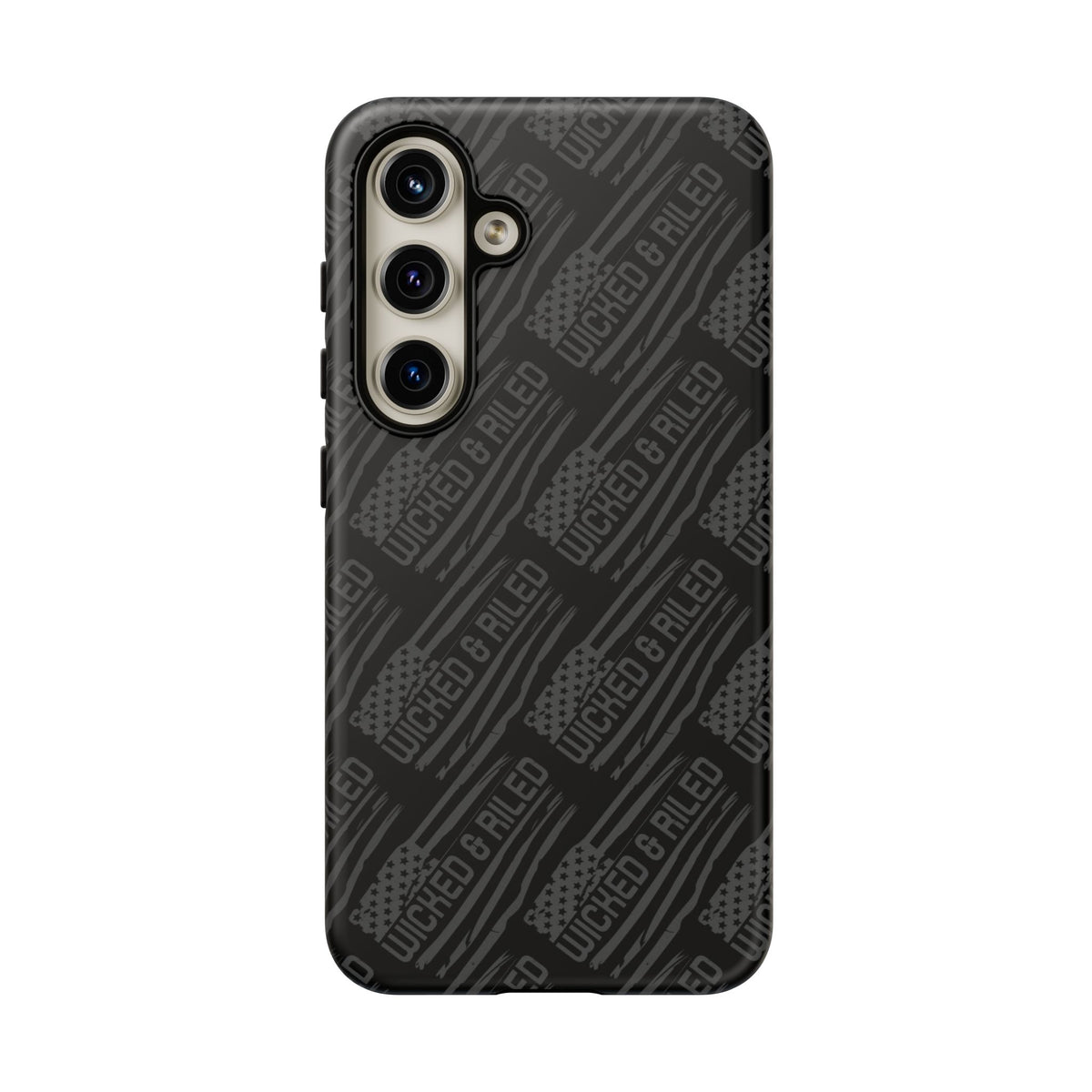 Rugged black protective phone case by Printify with textured "TOUGH CASES" pattern for enhanced grip and durability.