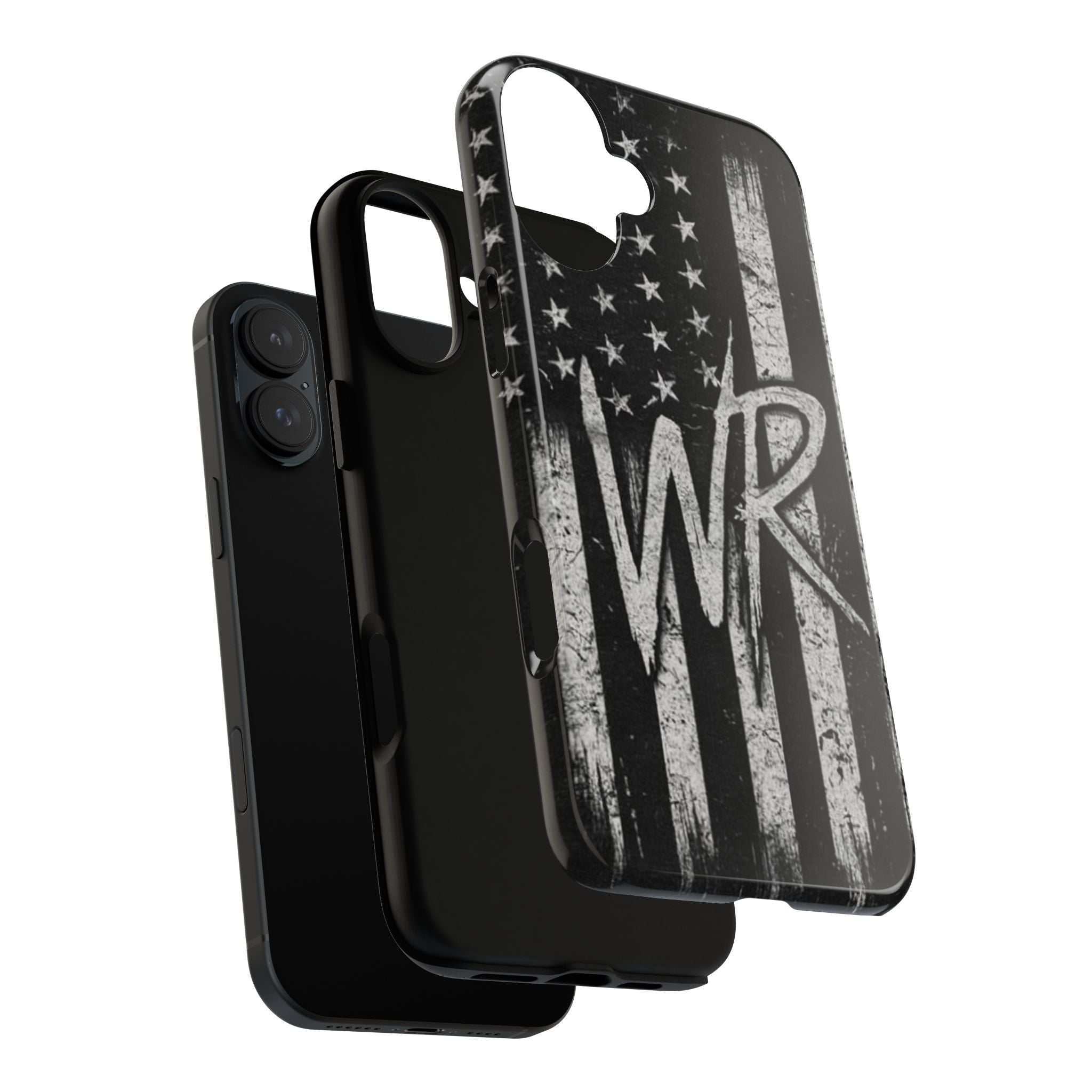 Distressed American flag design on a tough phone case featuring a monogram WR by Printify.