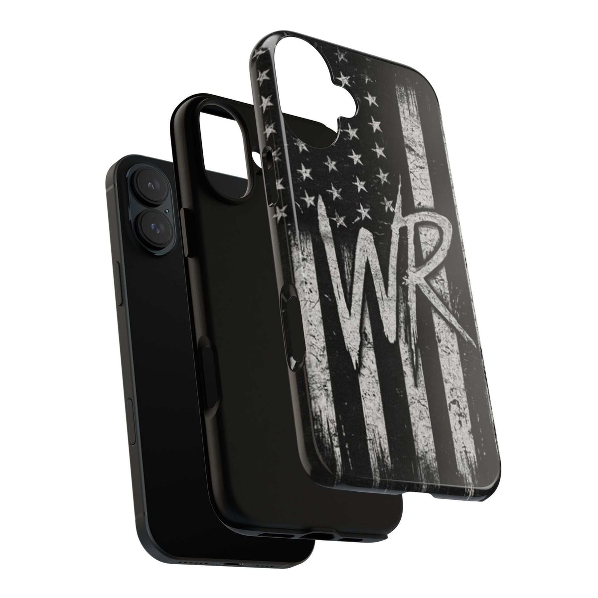 Distressed American flag design on a tough phone case featuring a monogram WR by Printify.
