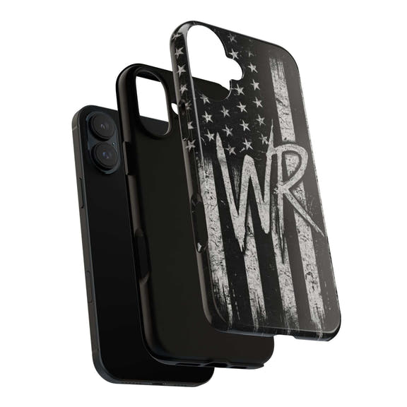 Distressed American flag design on a tough phone case featuring a monogram WR by Printify.