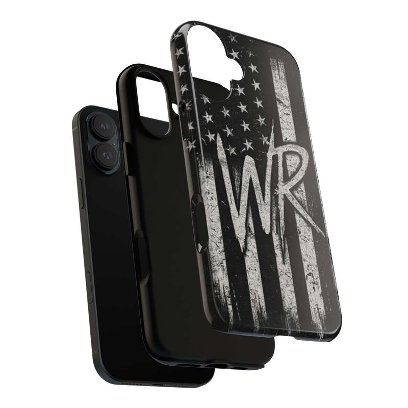 Distressed American flag design on a tough phone case featuring a monogram WR by Printify.