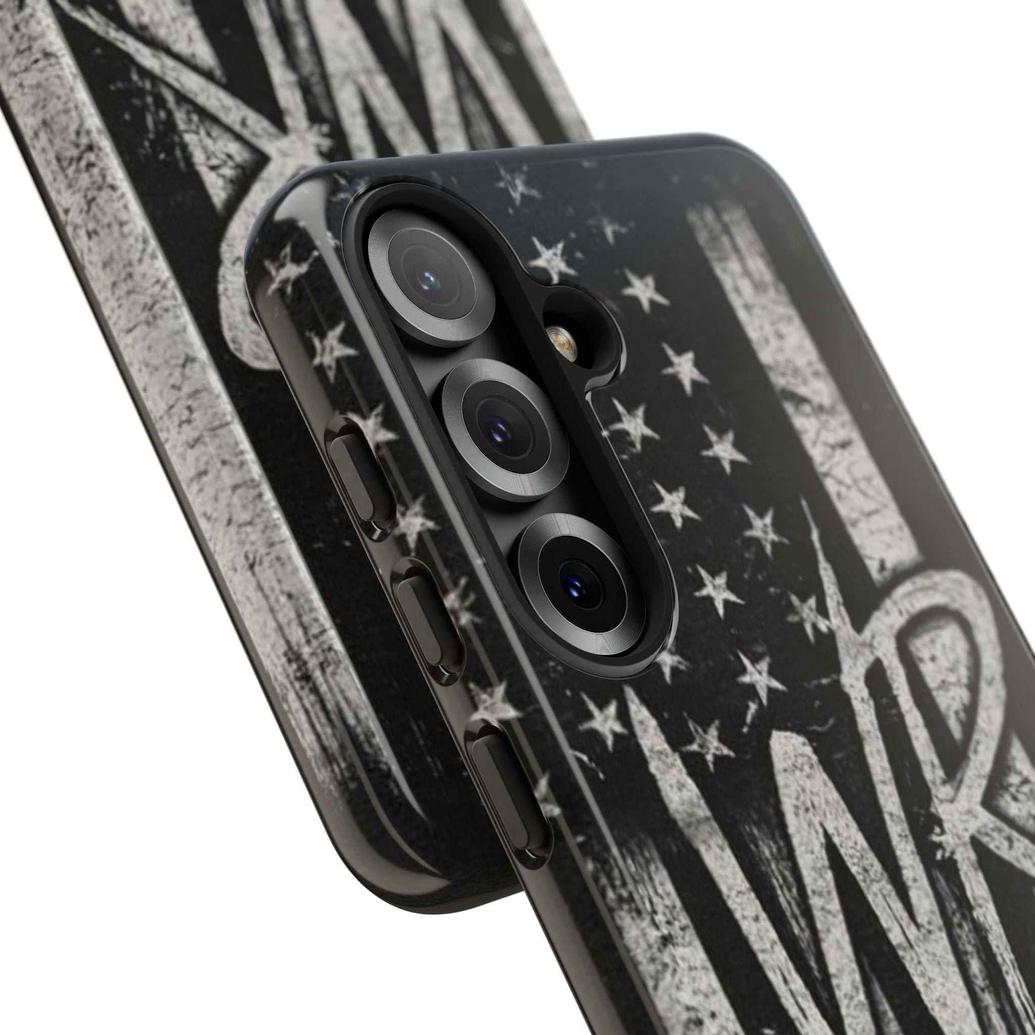 Distressed American flag phone case featuring a monogram "WR" by Printify, designed for tough protection.
