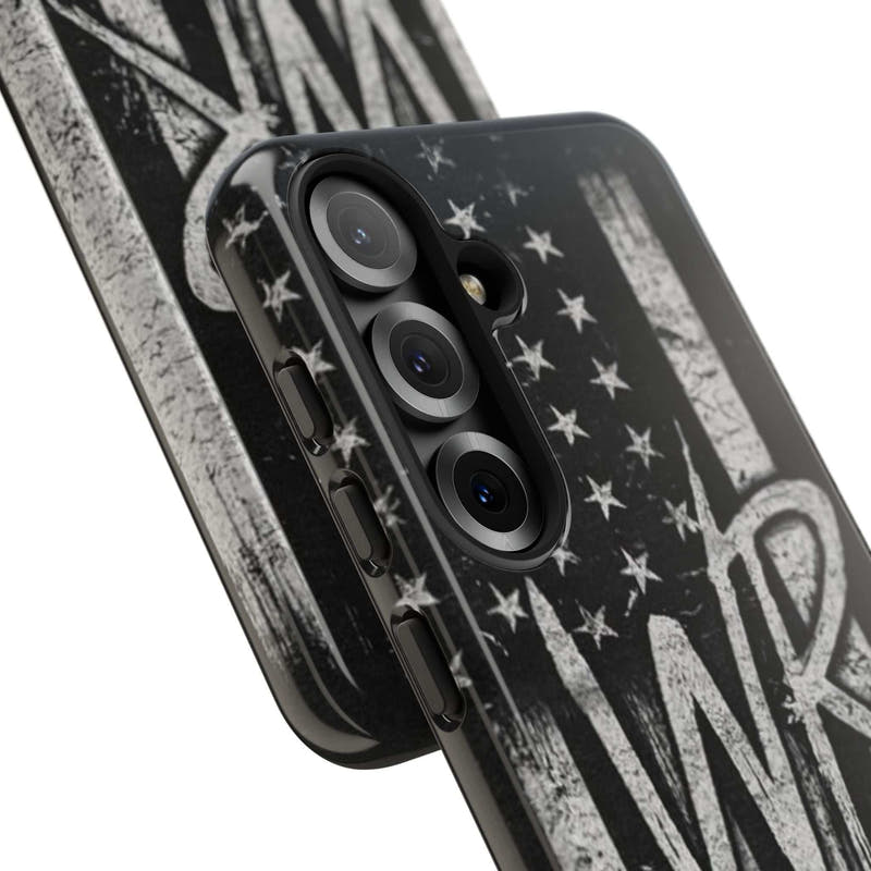 Distressed American flag phone case featuring a monogram "WR" by Printify, designed for tough protection.