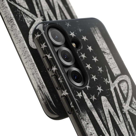 Distressed American flag phone case featuring a monogram "WR" by Printify, designed for tough protection.