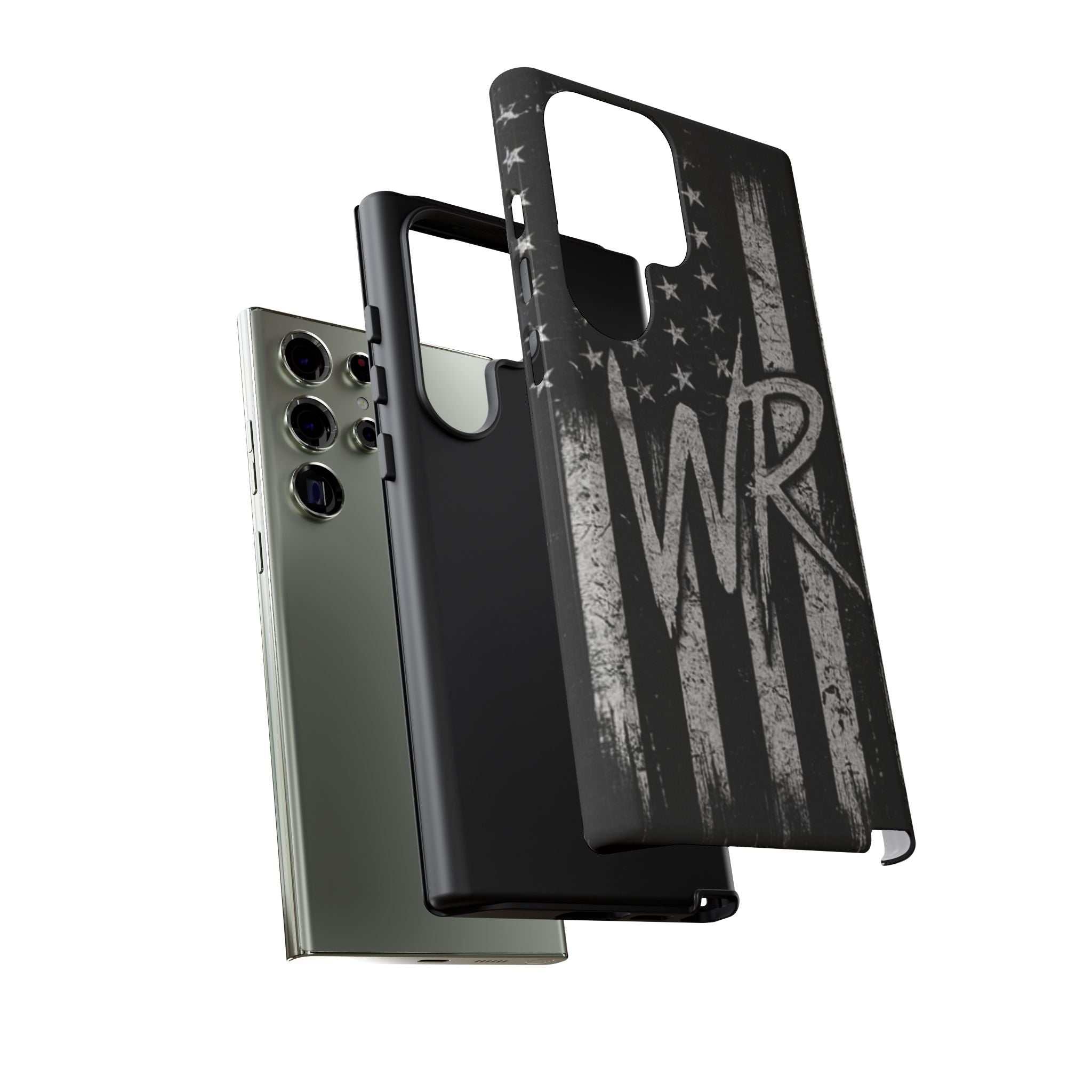 Distressed American flag design on a Patriotic Monogram Tough Phone Case featuring the letters WR by Printify.