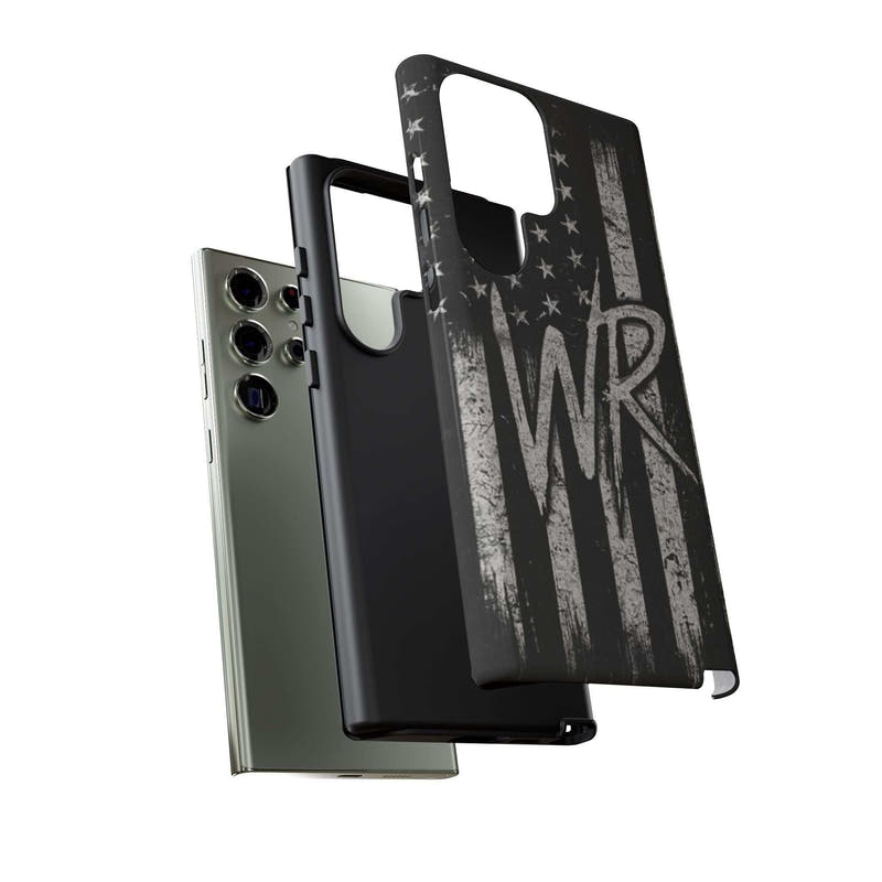 Distressed American flag design on a Patriotic Monogram Tough Phone Case featuring the letters WR by Printify.