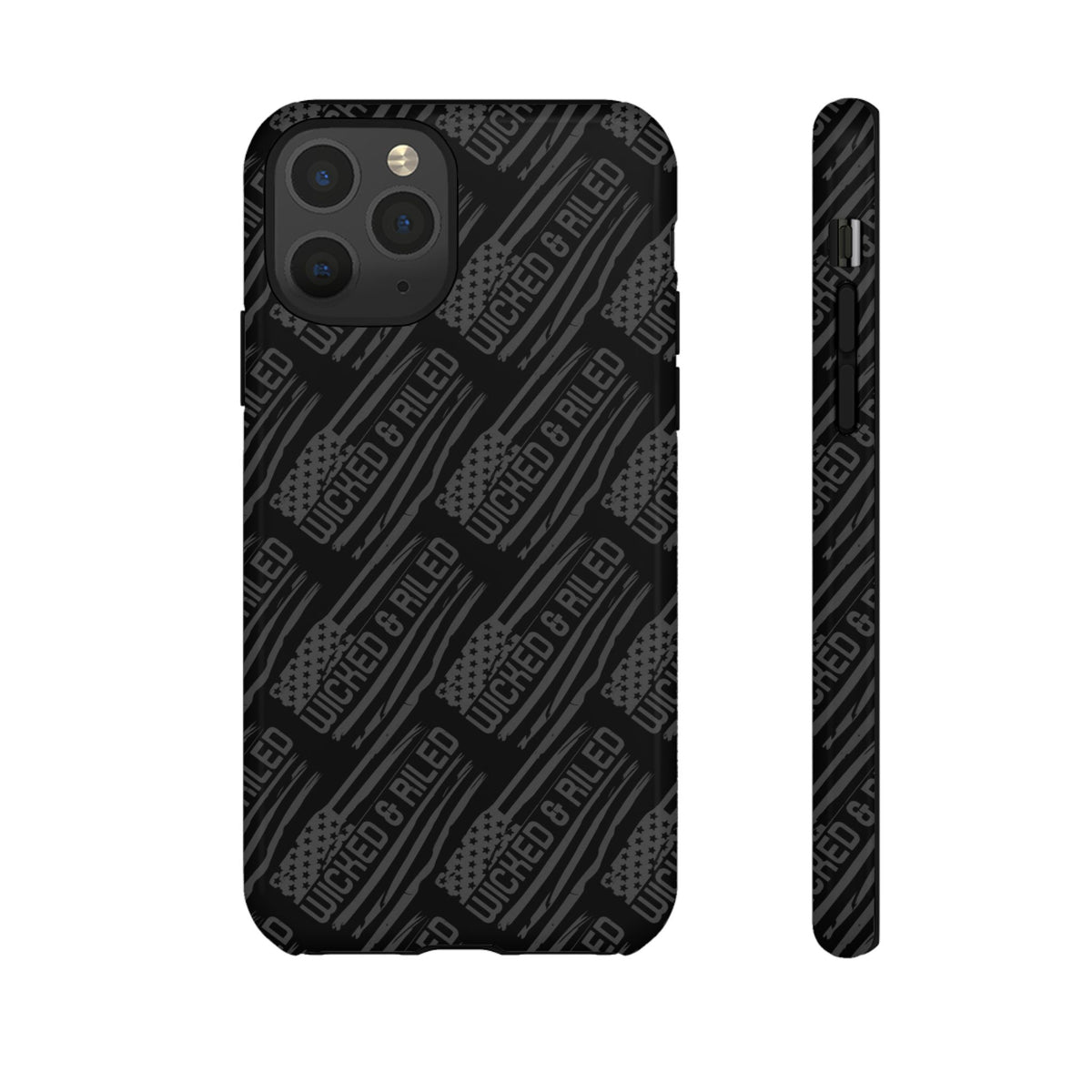 Rugged black protective phone case by Printify featuring a textured "TOUGH CASES" pattern for enhanced grip.