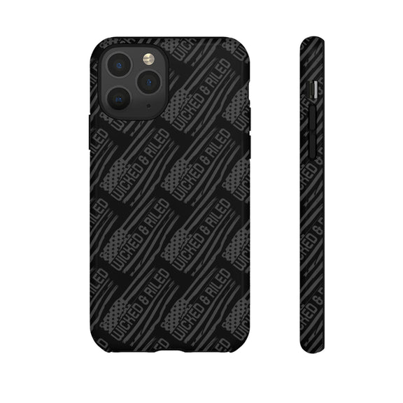 Rugged black protective phone case by Printify featuring a textured "TOUGH CASES" pattern for enhanced grip.
