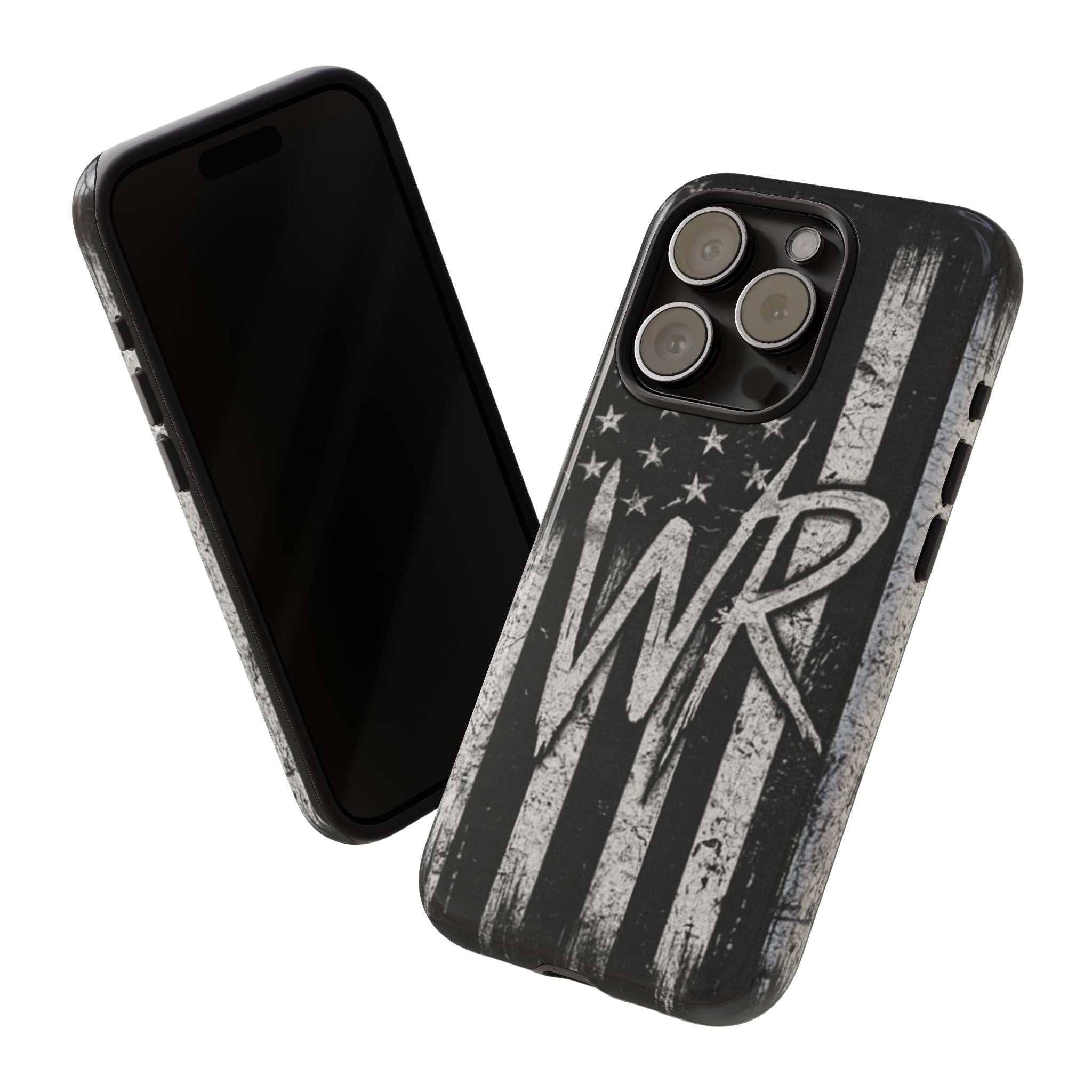 Distressed American flag phone case featuring a monogram "WR" by Printify, ideal for patriotic style and protection.