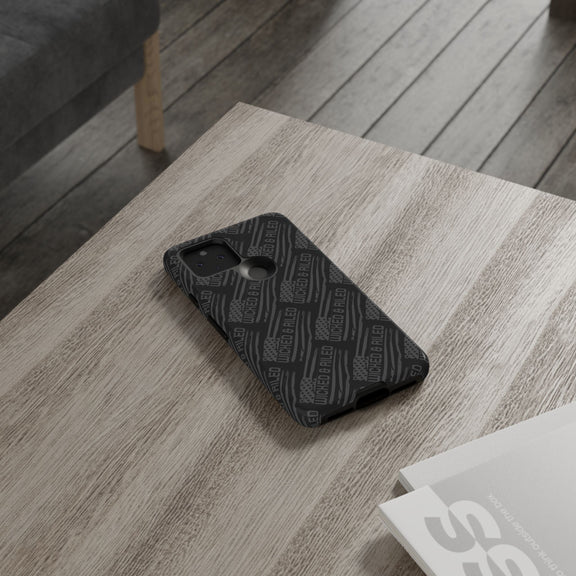 Rugged black protective phone case by Printify featuring a textured "TOUGH CASES" pattern design.