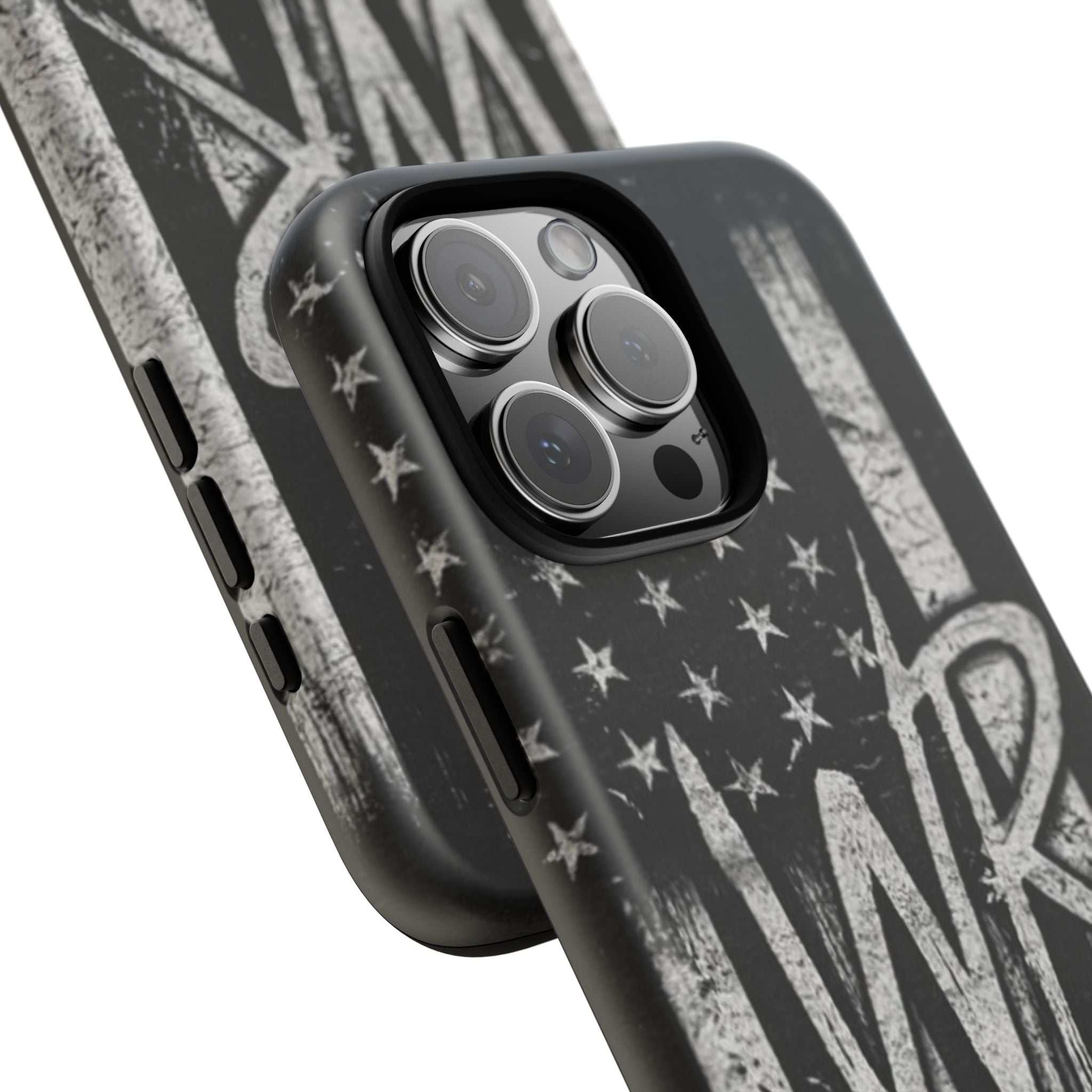 Patriotic monogram tough phone case featuring a distressed American flag design and the initials WR by Printify.