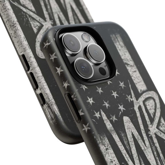 Patriotic monogram tough phone case featuring a distressed American flag design and the initials WR by Printify.