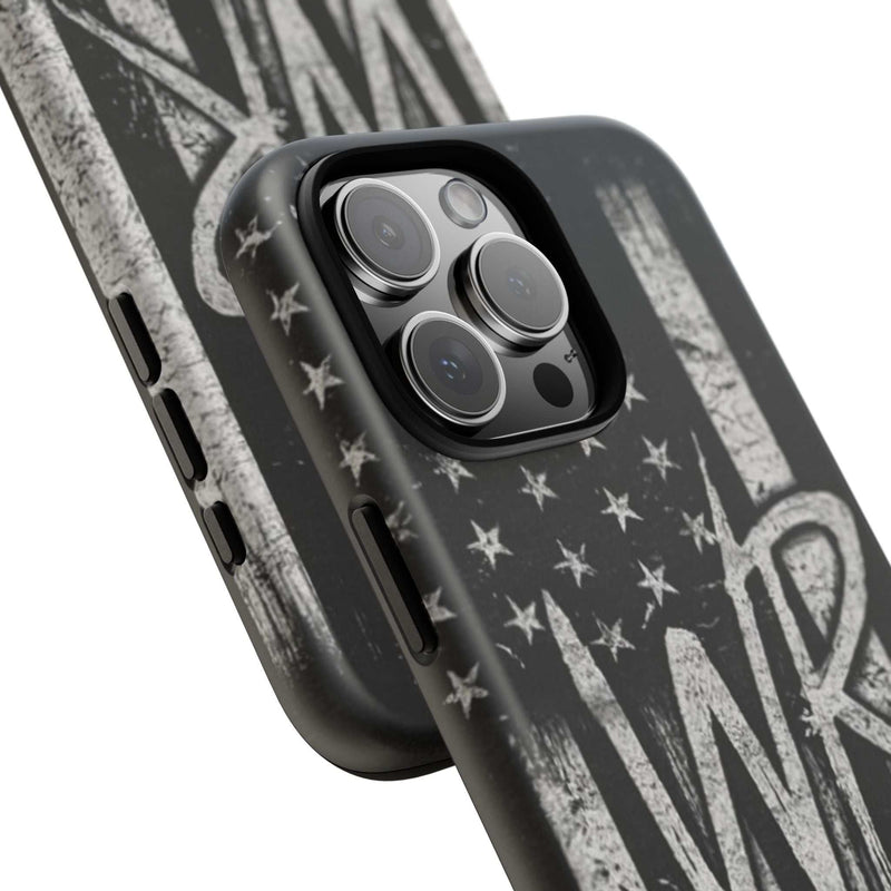 Patriotic monogram tough phone case featuring a distressed American flag design and the initials WR by Printify.