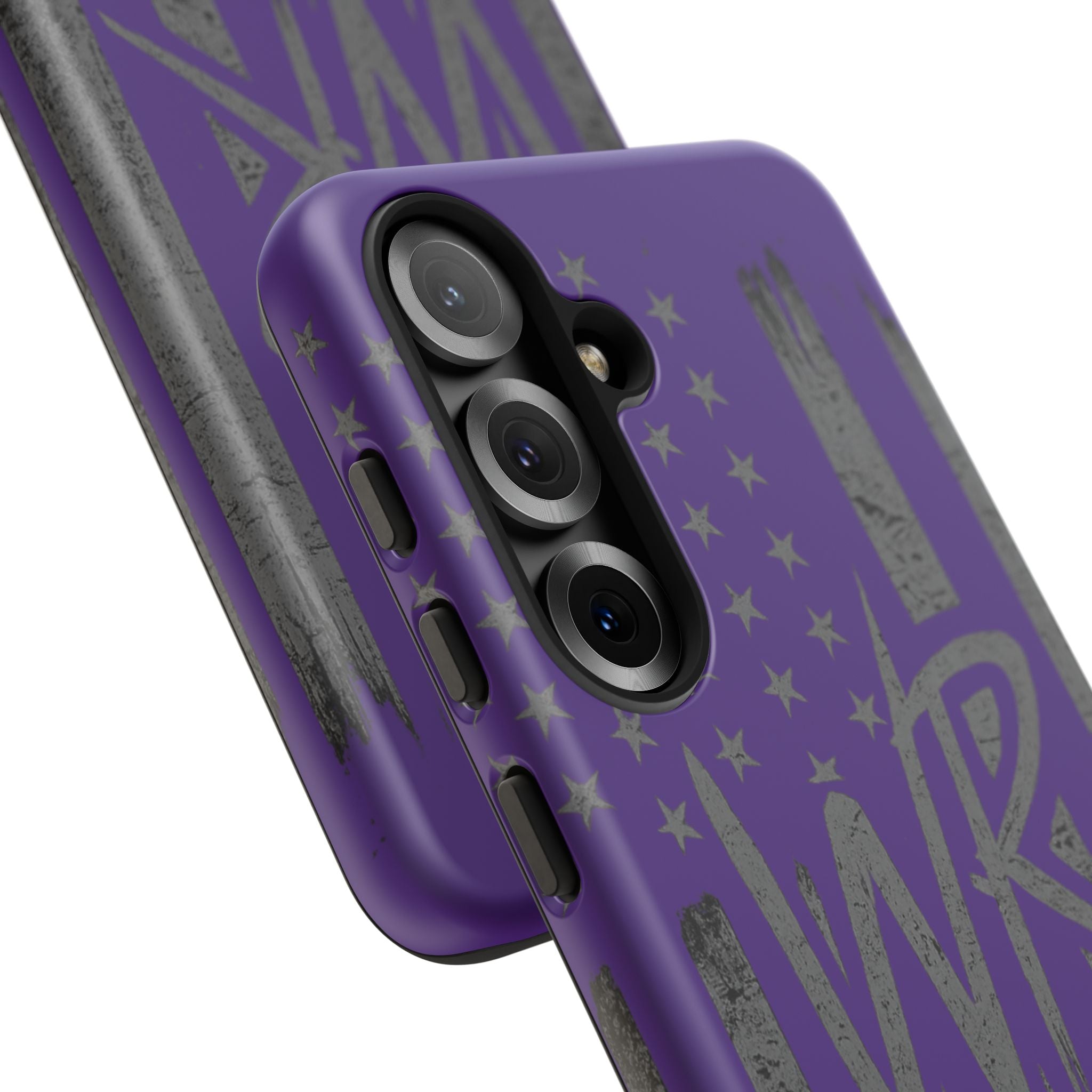 Purple 'WR' flag tough phone case by Printify with durable design and vibrant colors displayed on a white background.