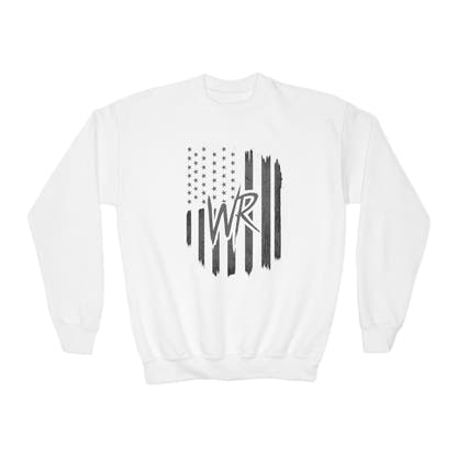 Youth Crewneck Sweatshirt Distressed American Flag with 'WR' Logo - Wicked & Riled Clothing