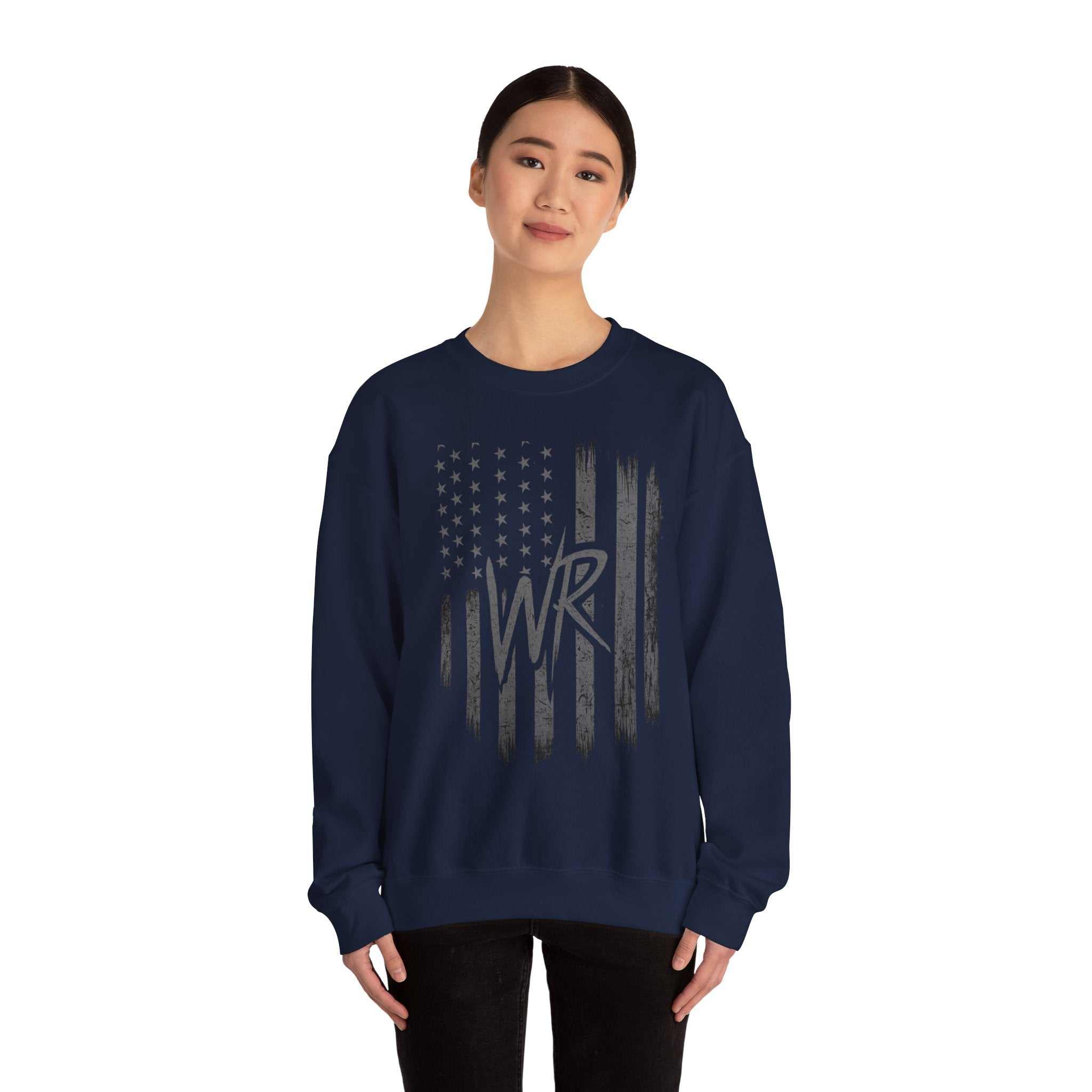 Distressed American flag crewneck sweatshirt with WR monogram by Printify, featuring a cozy pullover design.
