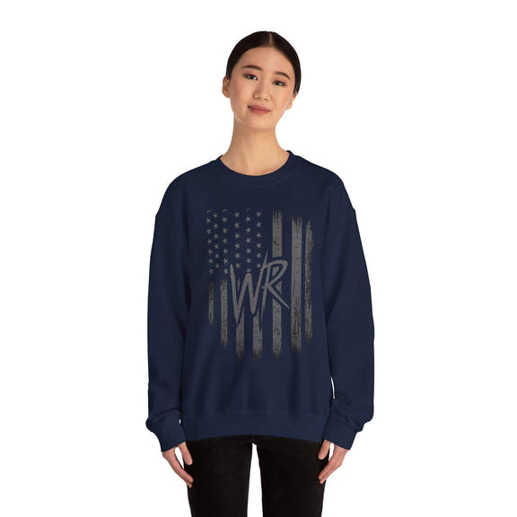 Distressed American flag crewneck sweatshirt with WR monogram by Printify, featuring a cozy pullover design.