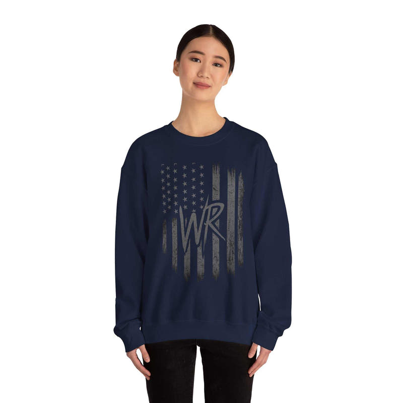 Distressed American flag crewneck sweatshirt with WR monogram by Printify, featuring a cozy pullover design.