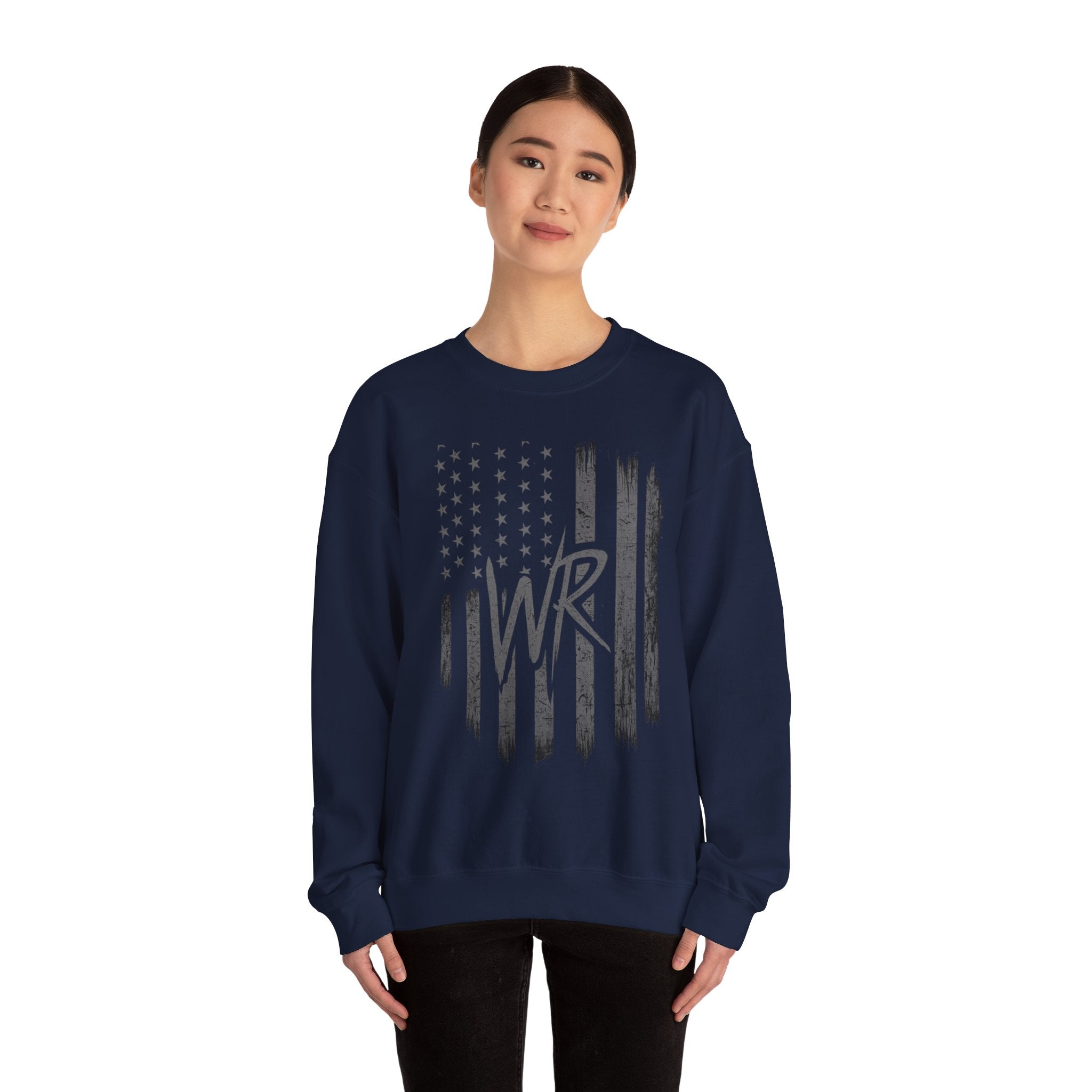 American Flag Crewneck Sweatshirt with WR Monogram — Distressed Patriotic Pullover