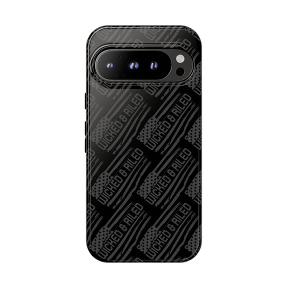 Rugged black protective phone case by Printify featuring a textured "TOUGH CASES" pattern for enhanced grip and durability.