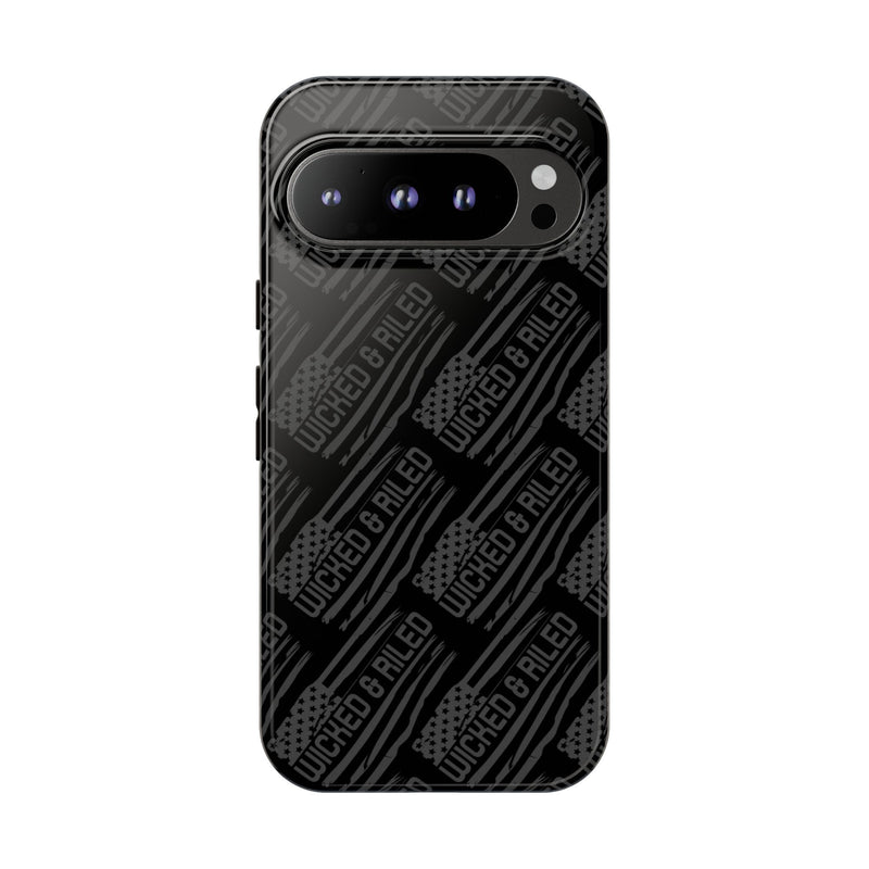 Rugged black protective phone case by Printify featuring a textured "TOUGH CASES" pattern for enhanced grip and durability.