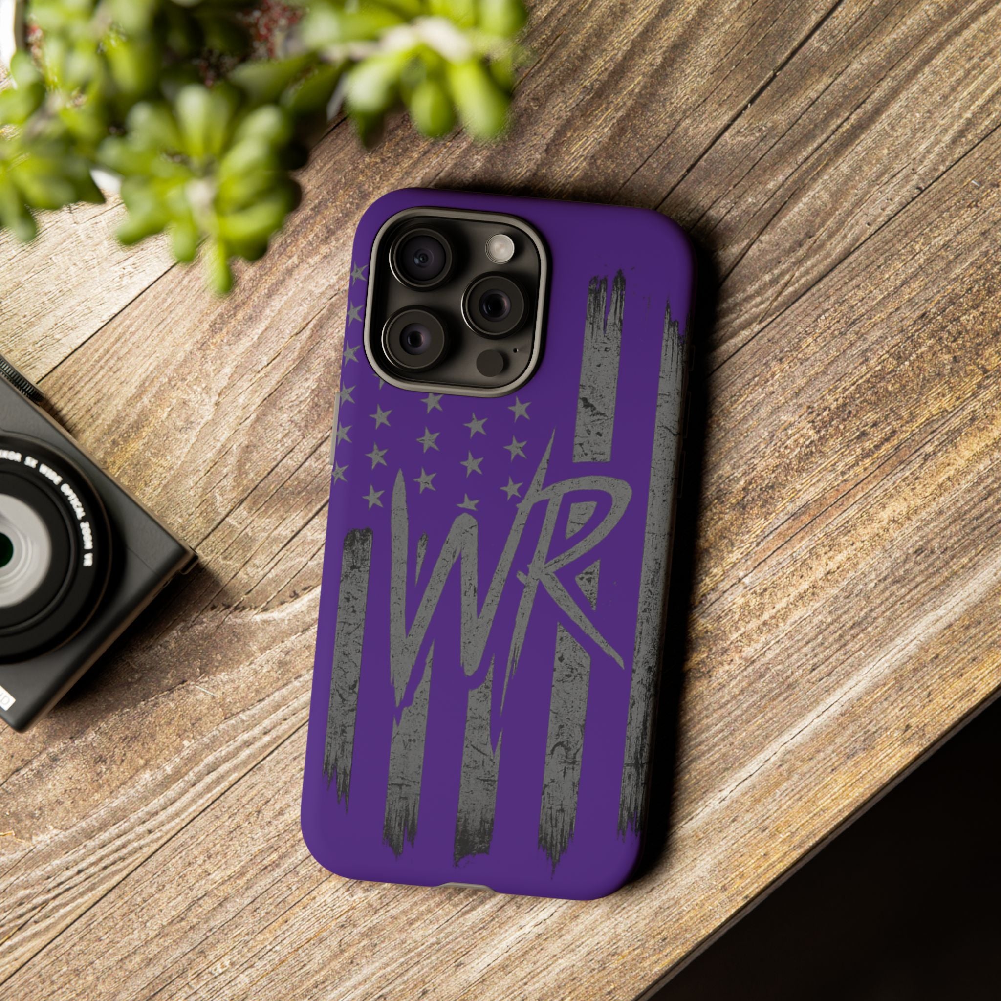 Purple 'WR' flag tough phone case by Printify, featuring a durable design and vibrant color for enhanced protection.