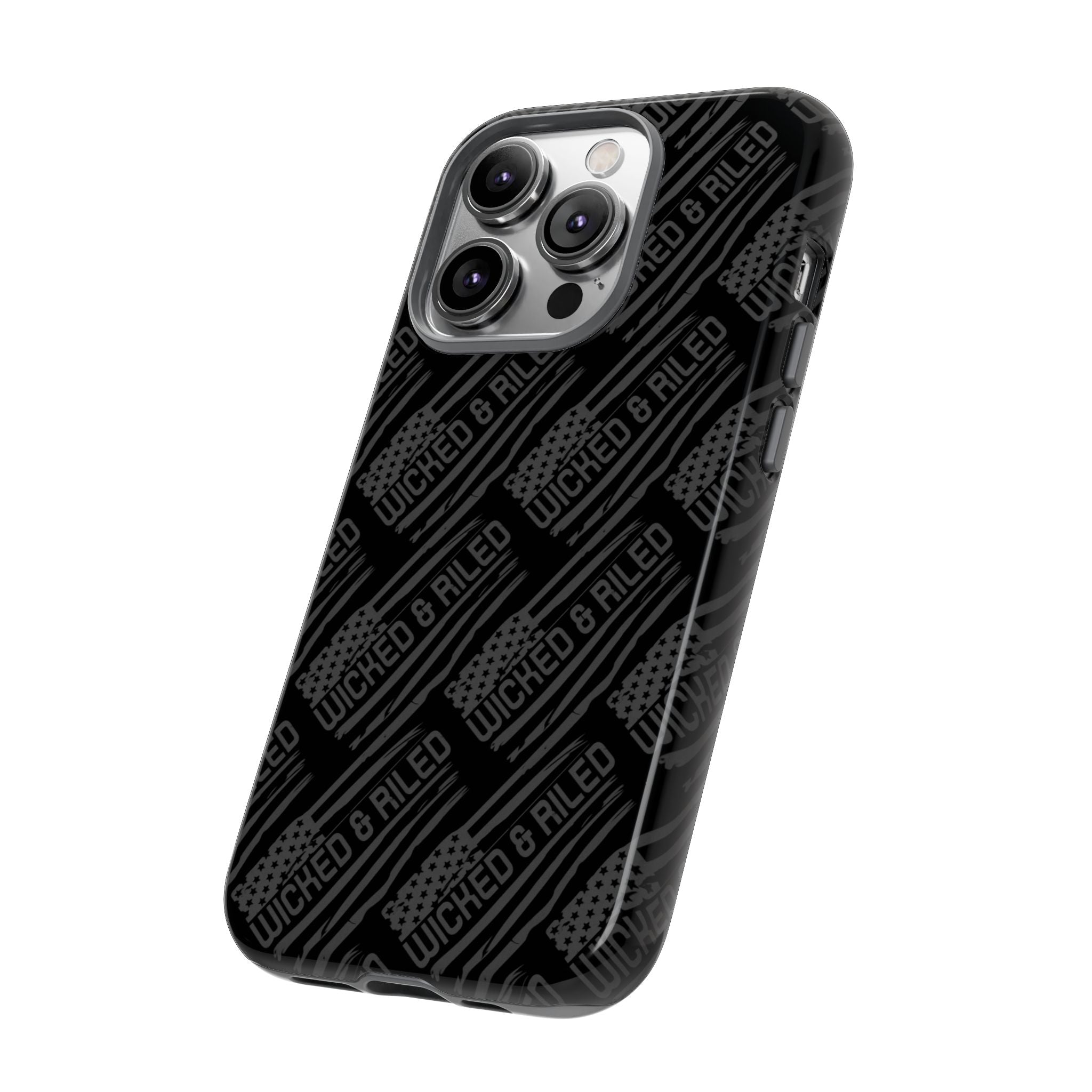 Rugged black protective phone case by Printify with "TOUGH CASES" text pattern, showcasing durable design and texture.
