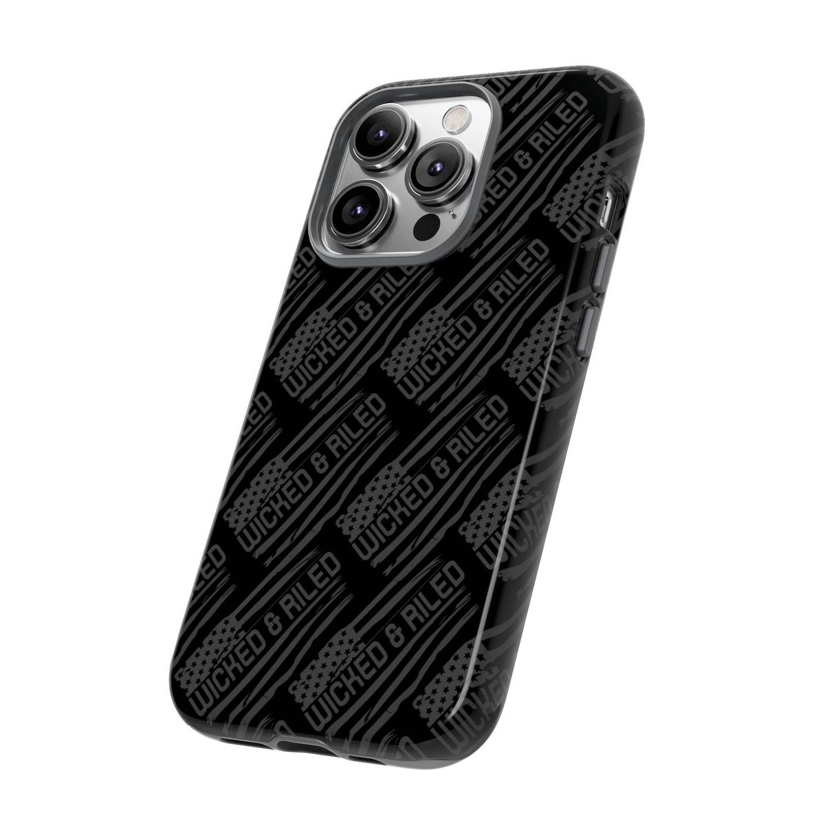 Rugged black protective phone case by Printify with "TOUGH CASES" text pattern, showcasing durable design and texture.